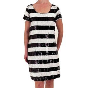 Hilfiger Denim Black & White Sequin Striped Short Sleeve Mini Dress With Back Zi